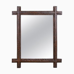 Tramp Art Rustic Wall Mirror in Hand Carved Basswood, Austria, 1860