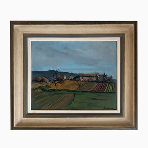 Benjamin II Vautier, Vue de Campagne Sionnet, Genève, 1954, Öl auf Karton, gerahmt