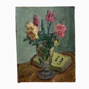 Alexandre Rochat, Bouquet de fleurs et vase en verre, Huile sur Toile