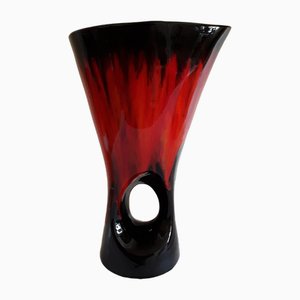 Vaso vintage in ceramica smaltata rosso arancio di Vallauris, Francia, anni '70