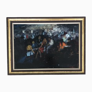 Adolfo Carducci, Café en Terrasse, Huile sur Carton, Encadrée