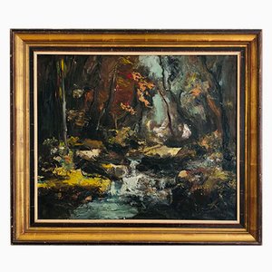 Adolfo Carducci, Sous bois et ruisseau, Oil on Canvas, Framed