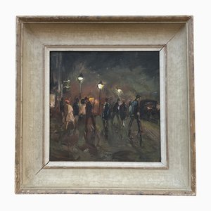 Adolfo Carducci, Promenade sous les réverbères, Oil on Wood, Framed