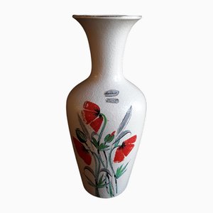 Mid-Century German Ceramic Vase with Cream-Colored Glaze and Hand-Painted Colored Poppy Seed Decor from Scheurich, 1950s