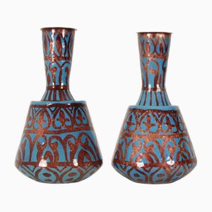 Art Deco Vasen Emaille auf Kupfer Türkisblau & Irisierendem Geometrischem Design Vasen, 1920er, 2er Set