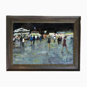 Adolfo Carducci, Promenade à la fête foraine, Oil on Wood, Framed