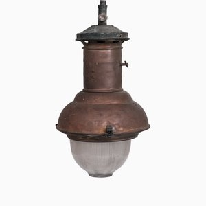 French Industrial Copper and Glass Pendant Light