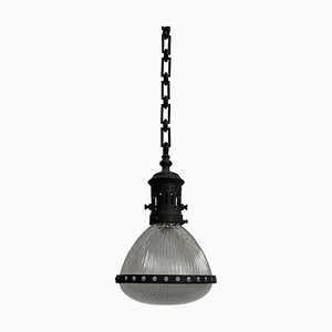 Vintage Industrial Original French Caged Holophane Glass Ceiling Pendant Light Lamp