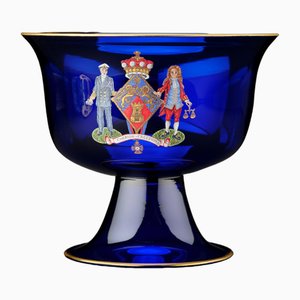 Late 20th Century Blue Glass Armorial Footed Bowl Enamelled with the Late Lady Margaret Thatchers Coat of Arms, 1992