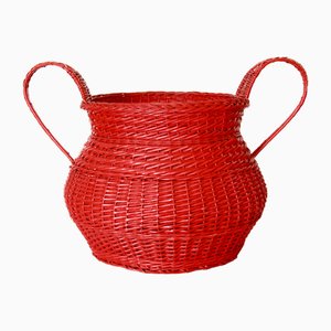 Large Vintage Caterina Red Rattan and Wicker Basket, Italy, 1960s