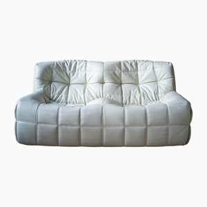 Sofá de dos plazas Kashima vintage de cuero blanco de Michel Ducaroy para Ligne Roset, años 80