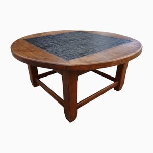 Large Brutalist Oak & Stone Inlay Coffee Table, 1970s