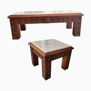 Mid-Century Spanish Lions Head Coffee Table and Side Table with Marble Tops, Set of 2