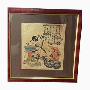 Totoya Hokkei, figuras japonesas, década de 1800, grabado en madera original, enmarcado