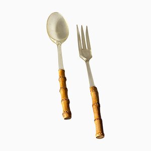 Salad Cutlery in Faux Bamboo, France, 1970, Set of 2
