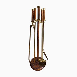 Italian Brass and Burl Fireplace Fire Tool Set with Stand, 1960s, Set of 4
