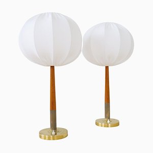 Mid-Century Swedish Brass and Teak Table Lamps with Cotton Shades from Boréns, 1960s, Set of 2