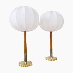 Schwedische Mid-Century Tischlampen aus Messing & Teak mit Baumwollschirmen von Boréns, 1960er, 2er Set