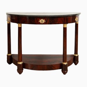 19th Century French Console Demi Lune in Mahogany Feather with Belgian Black Marble Top