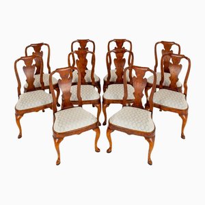 Queen Anne Style Dining Chairs in Elm Wood, 1920s, Set of 10