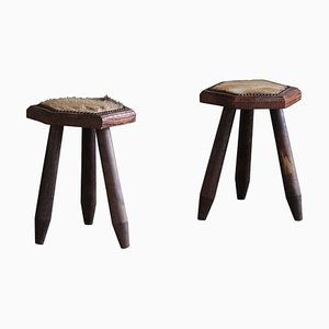 Scandinavian Tripod Stools in Pine and Cowhide, 1950s, Set of 2