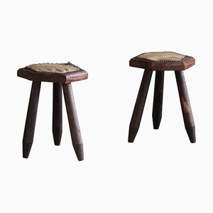 Tabourets Tripodes Scandinaves en Pin et Cuir de Vache, 1950s, Set de 2