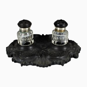 Art Deco Bakelite Inkwell and Pen Tray with Glass Inserts, 1920s, Set of 3
