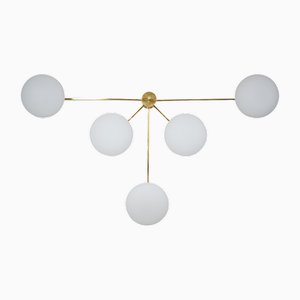 Stella Fan Polished Brushed Ceiling Lamp in Brass and Opaline Glass by Design for Macha