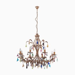 Large Burnished Eight Light Chandelier with Murano Glass Drops, 1990s