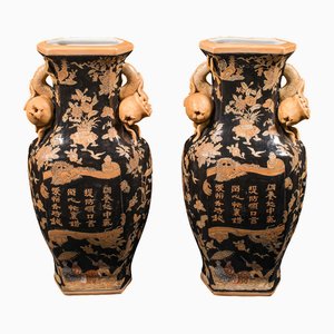 Jarrones chinos vintage de finales del siglo XX con urna de flores secas, años 80. Juego de 2