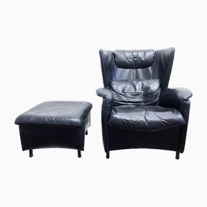 Ds23 Black Leather Armchair and Footstool from de Sede, 1990s, Set of 2
