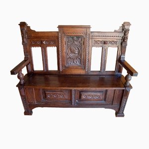 Antique Renaissance Bench with Carved Figure, 1880