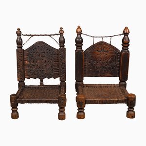Burmese Carved Temple Chairs, 1850s, Set of 2