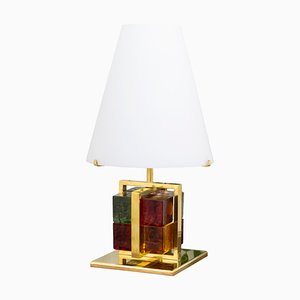 Vintage Table Lamp with Brass Frame and Opal Glass Shade, 1990s