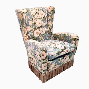 Vintage Italian Wingback Armchair in Floral Fabric by Paolo Buffa, 1950s