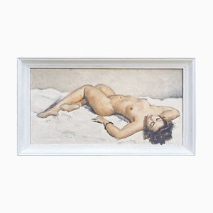 Georges Guinegault, Lying Nude, 1950s, Huile sur Toile, Encadré