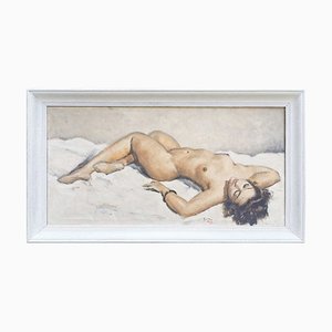 Georges Guinegault, Lying Nude, 1950s, Oil on Canvas, Framed