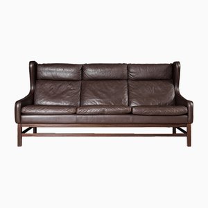 Danish Leather Wing-Back 3-Seater Sofa, 1960s