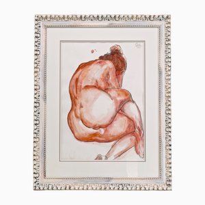 Hubertus Giebe, Nude from Behind, Watercolor, Framed
