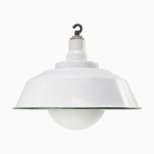 Vintage Industrial White Enamel and Opaline Glass Factory Pendant Light from Benjamin Electric Manufacturing Company