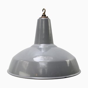 Lampada a sospensione vintage in ottone e smalto grigio industriale, Regno Unito