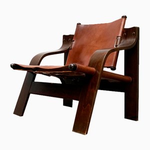 Brutalistischer Mid-Century Safari Sessel aus Holz & Leder, 1960er
