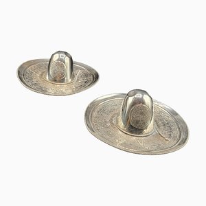 Silver Mexican Hat with Aztec Calendar Engraving, Set of 2