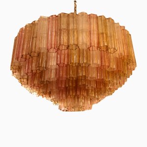 Round Pink, White and Amber Murano Glass Tronchi Chandelier in the Style of Venini, 2000s