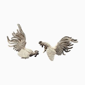 Sculture di galli da combattimento messicani in argento, set di 2