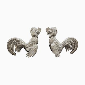 Esculturas de gallos de pelea mexicanos en plata. Juego de 2