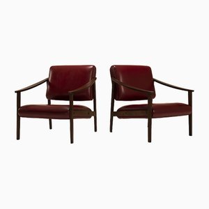 Lounge Chairs in Faux Red Leather and Teak, Italy, 1970s, Set of 2