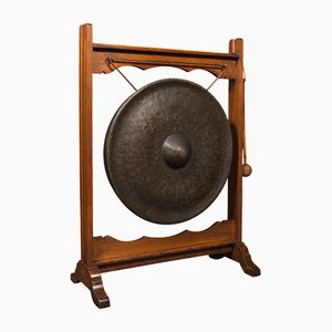 Large Antique English Victorian Ceremonial Dinner Gong in Oak & Bronze, 1900s
