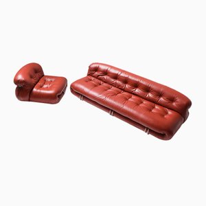 Set of Vintage Soriana Set in Red Leather by Afra and Tobia Scarpa for Cassina Italy