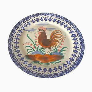 Plato con gallo marrón y verde de porcelana italiana, siglo XIX